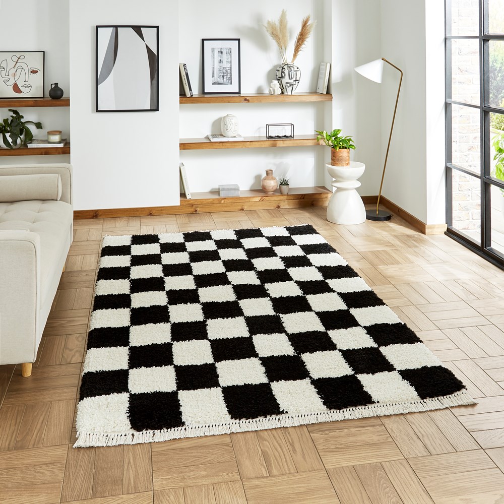 Boho 9433 Checkerboard Shaggy Modern Rugs in Black White